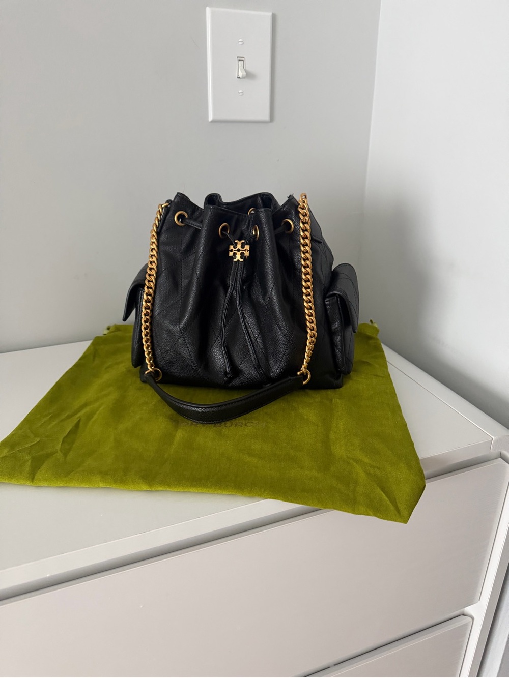 Tory Burch Small Charlie Quilted Drawstring Shoulder Bag Black